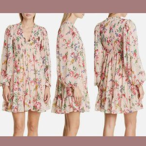 NEW $415 BYTIMO [ XXS ] Floral Print Long Sleeve Chiffon Minidress‎ In Pink